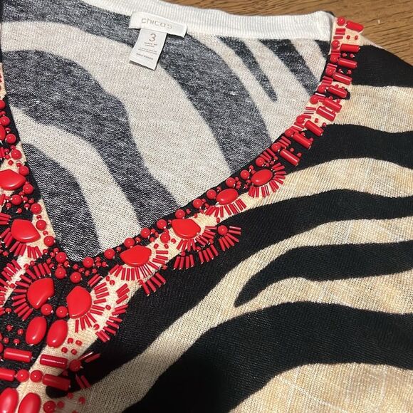 Chico's Women's Zebra Jeweled Ruby Pullover Sweater Sz 3 (US XL/16) Linen Blend - Picture 13 of 13